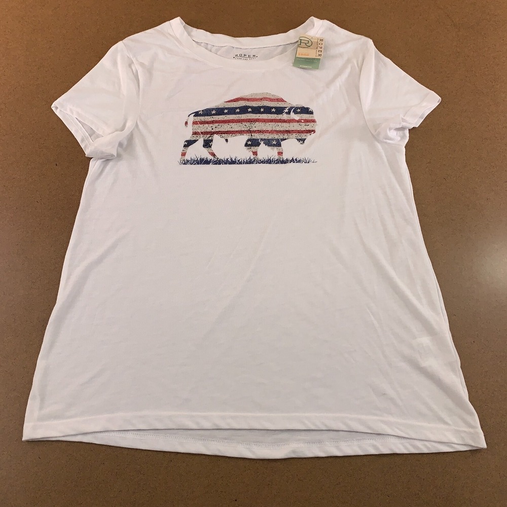 Roper Womens Size Large White Flag Buffalo Graphic Short Sleeve T-Shirt NWT